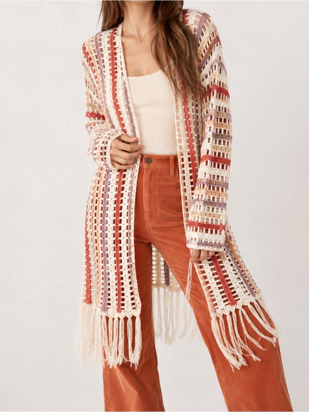 Boho Crochet Cardigan Fringe Open Knit Striped Sheer Festival Coastal Grandma